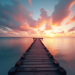 Fototapeta premium Sunset over wooden pier on calm lake with vibrant sky and clouds