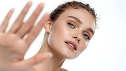 Naklejka premium Stunning Beauty Model Portrait Captivating Close-up Revealing Flawless Skin and Radiant Beauty