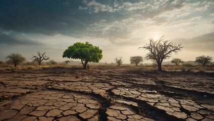 Global Warming and human waste ,Pollution Concept - Sustainability. showing the effect of arid land with tree changing environment, Concept of climate change. Sky background, different weather