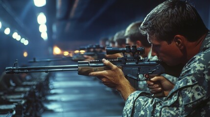 Soldiers training in marksmanship exercises at a high-tech military shooting range