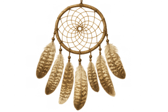 Hand-drawn illustration of a dreamcatcher with intricate weaving and brown feathers, isolated on a transparent background - Powered by Adobe