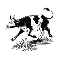 A black and white illustration of a cow with horns running in grass, with a piece of grass in its mouth.