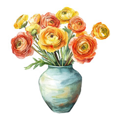 watercolor vector of A Ranunculus In A Vase, isolated on a white background.