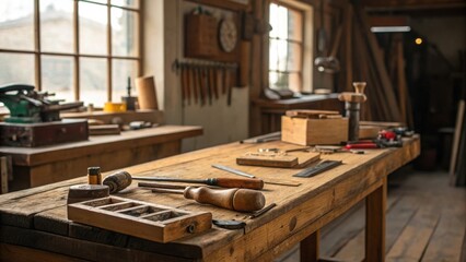 Rustic woodworking workshop:  vintage tools arranged on a weathered workbench, bathed in warm, natural light filtering through large windows, evoking a sense of craftsmanship and tradition.