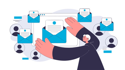 digital marketer managing an automated email campaign to a contact list, vector illustration for marketing automation, newsletter distribution and crm strategy