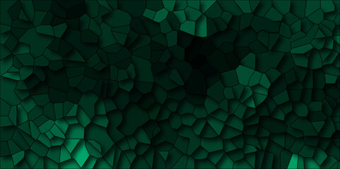 Dark green polygonal crystal Background. Hexagonal dark mosaic cement stone concrete tile wall texture background. Dark jade stone background with rock pattern, macro. Texture of abstract backdrop.