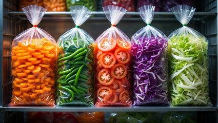 Assorted fresh vegetables neatly packed in plastic bags ready to sell