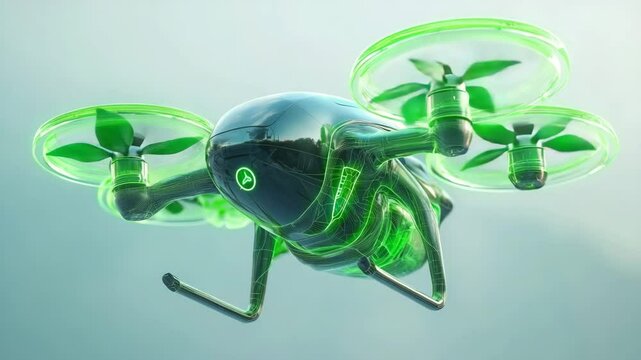 technology and nature for sustainable growth concept. A futuristic eco-friendly drone with green accents and organic design elements flying in the sky.