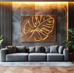 Modern living room with a sculpted monstera leaf wall art
