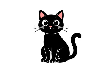 Obraz premium Cute Black Cartoon Cat Sitting Upright with Pink Ears and a Smiling Face Illustration