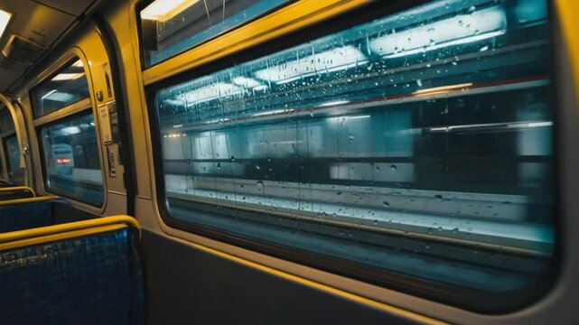 Rainy Train Journey Mood, Motion Blur Through Wet Window, rainy train window with motion blur of city lights and reflections outside, train window rain, train window motion
