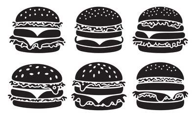 Six black burger silhouettes isolated on a white background