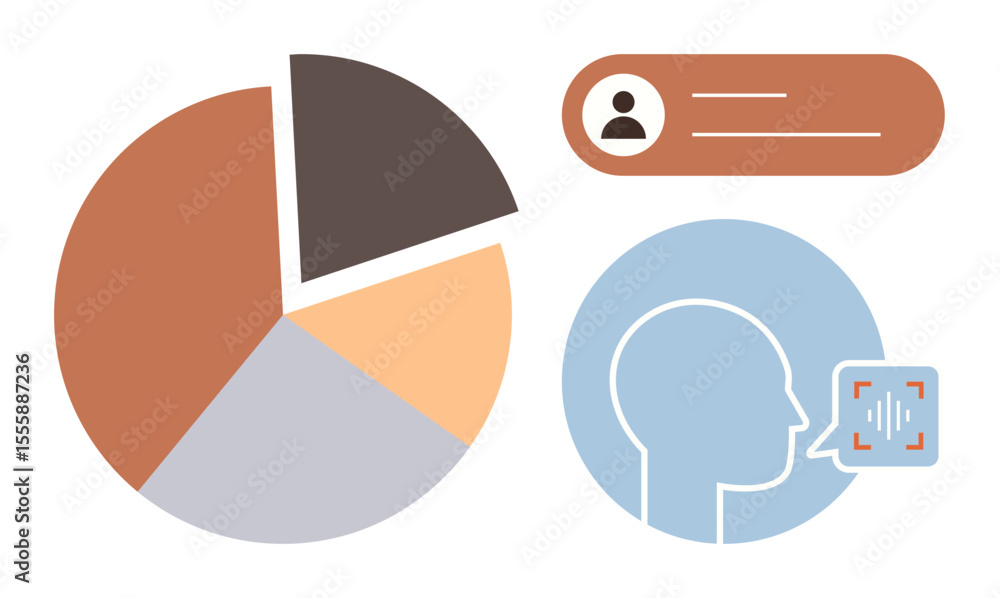 Poster pie chart with four sections, user profile pop-up, and head silhouette analyzing voice input. ideal 