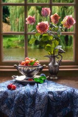 Still life with cherry and bouquet roses
