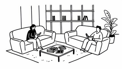 Fototapeta premium Stylish Black and White Illustration: Two People Relaxing on Couches in a Modern Living Room with Books and Magazines, Peaceful and Serene Atmosphere, Minimalist Line Art Design.