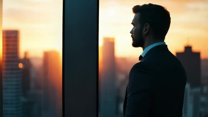 Businessman sunset cityscape silhouette urban professional contemplation skyline evening modern young businessman suit looking out window city skyline during sunset reflecting future opportunities - Powered by Adobe