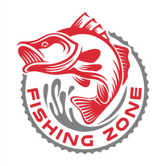 Obraz premium Dynamic Fishing Zone Emblem Featuring a Leaping Fish and Bold Lettering within a Decorative Circular Border Design