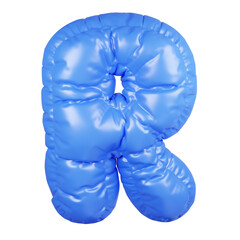 3D inflatable puffy letter R in shiny blue fabric isolated on white background