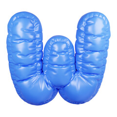 3D inflatable puffy letter W in shiny blue fabric isolated on white background