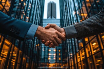 Two businessmen shaking hands in front of a skyscraper symbolizing a successful partnership