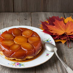 Traditional French-style apple tarte tatin with glossy caramel topping, served on floral china plate with autumn leaves for decoration.
