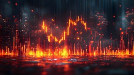 Fototapeta premium Fiery Cityscape 3D Illustration: Digital Candlestick Chart Background