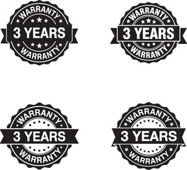 Collection of four black and white 3 years warranty badges with stars and ribbons
