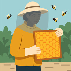 Vector trendy illustration of African woman beekeeper with a frame with honeycombs and bees. Professional African-American female apiarist in uniform.