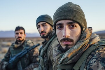 Fototapeta premium Military soldiers engaged in survival training exercises in harsh desert conditions