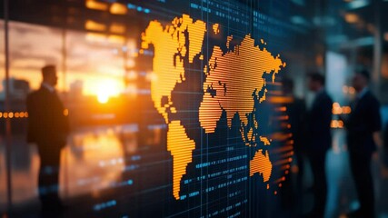 Digital world map with orange data points and blurred business people office interior during sunset showcasing technology, global connection, modern data visualization, teamwork, and futuristic - Powered by Adobe
