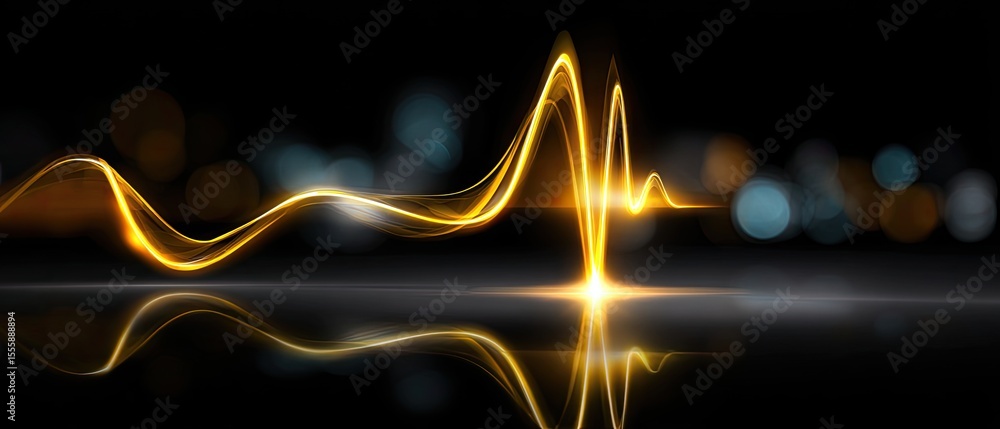 Poster bright golden waveform light glows against a dark background with reflections and bokeh, symbolizing