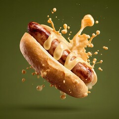 hot dog grilled sausage in a bun with mustard sauce . aspect ratio 1:1
