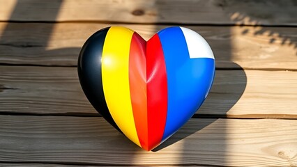 Heart shaped object with the colors of the german and russian flags placed on a wooden surface with sunlight and shadows