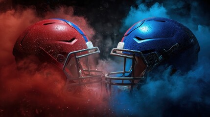 Red and Blue American Football Helmets Facing Off with Dramatic Smoke and Lighting in Background