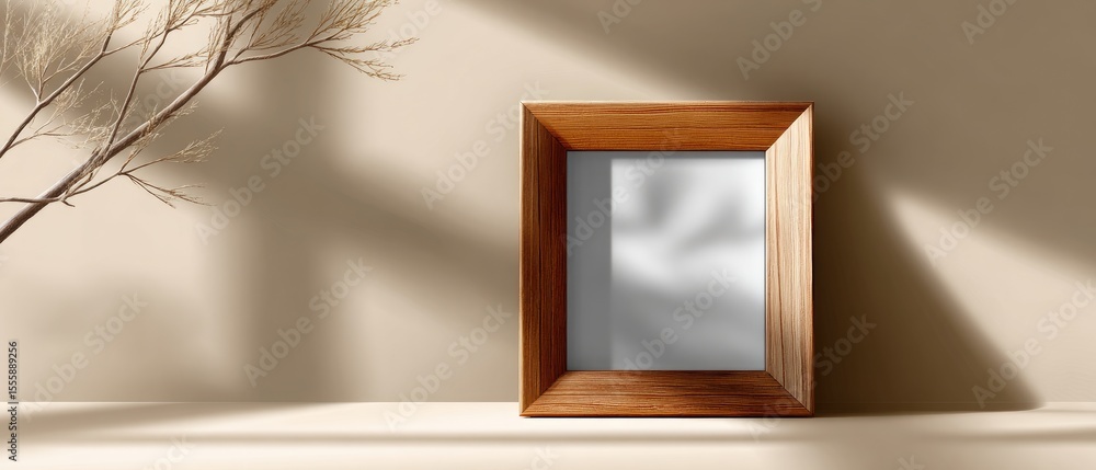 Poster a wooden-framed mirror resting on a minimalist beige surface with soft shadows and a dried branch on