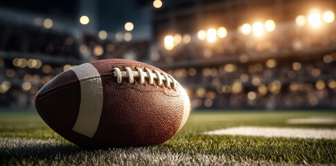 Close-Up of American Football on Stadium Field Under Bright Lights, Ready for Game Kickoff