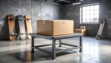 Large Cardboard Box on Industrial-Style Metal Table in a Trendy Studio Setting