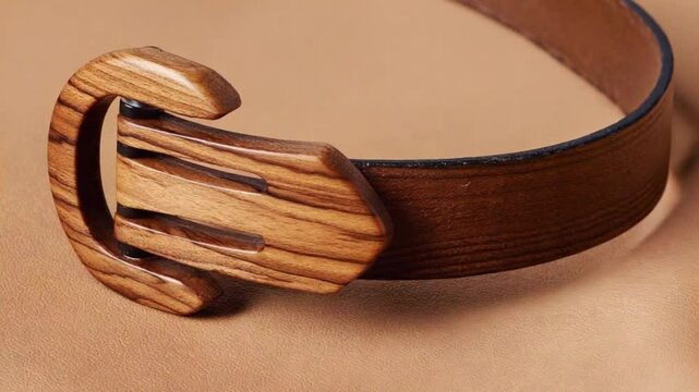 Wooden Belt Buckle carved buckle fastening a leather belt video. Ai generated.