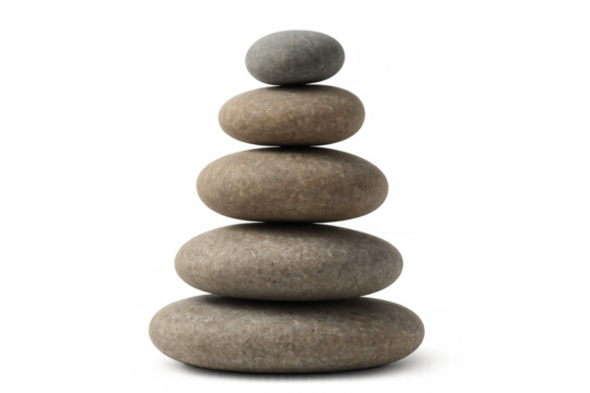 Five pebbles balancing on each other on a transparent background, creating a serene and meditative atmosphere