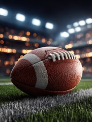Close-Up of American Football on Stadium Field Under Bright Lights, Ready for Game Kickoff