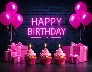"Happy Birthday" Neon Sign with Pink Cupcakes, Balloons & Gifts