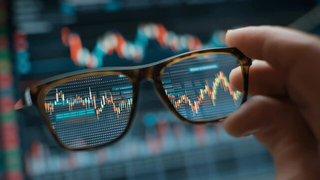 A hand holding a pair of glasses with a screen behind it. The glasses are showing a graph with a downward trend