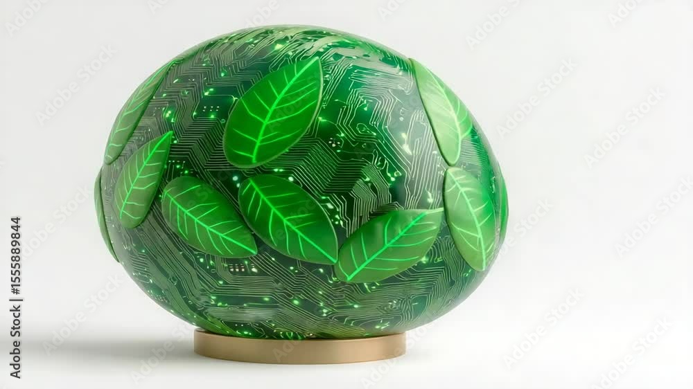 Poster technology and nature for sustainable growth concept. a green egg-shaped object with circuit pattern