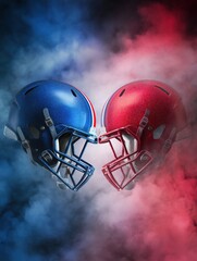 Red and Blue American Football Helmets Facing Off with Dramatic Smoke and Lighting in Background