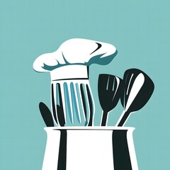 A chef's hat and kitchen utensils in a white container against a light blue background illustration