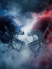 Red and Blue American Football Helmets Facing Off with Dramatic Smoke and Lighting in Background