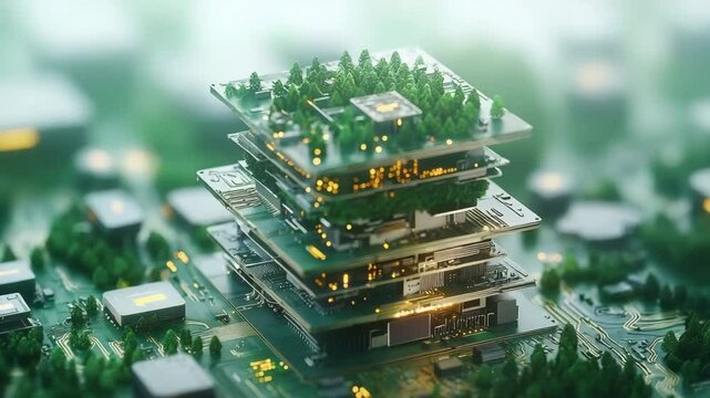 technology and nature for sustainable growth concept. A futuristic stack of computer chips with miniature green trees growing on each layer, symbolizing eco-friendly technology integration.