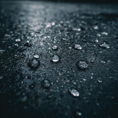 Close-up of numerous water droplets on a dark, textured surface, glistening under soft light