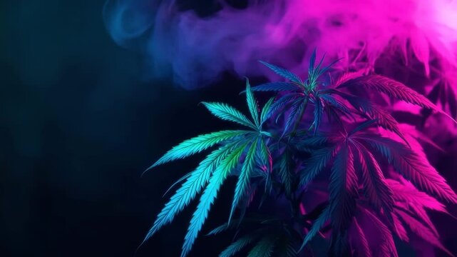 Cannabis plant leaf illuminated by vibrant blue and pink neon light surrounded by colorful smoke creating dark, mystical, and vibrant atmosphere with smoky background enhancing mysterious vibes