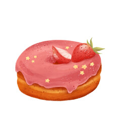 donut with pink glaze and strawberry and star sprinkle